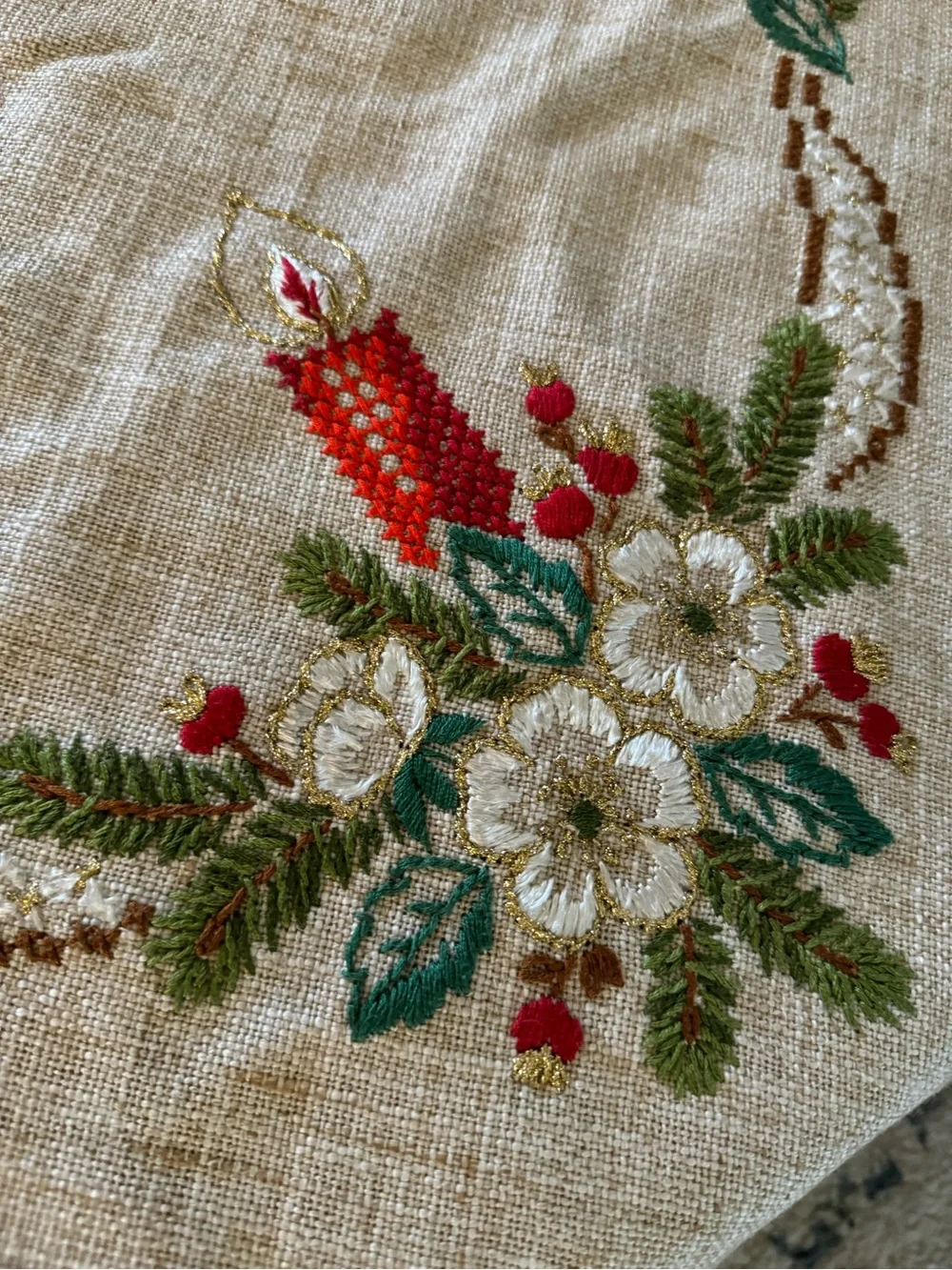 Vintage Christmas Tablecloth 33x33 Embroidered Candles Floral Lace Trim Holiday